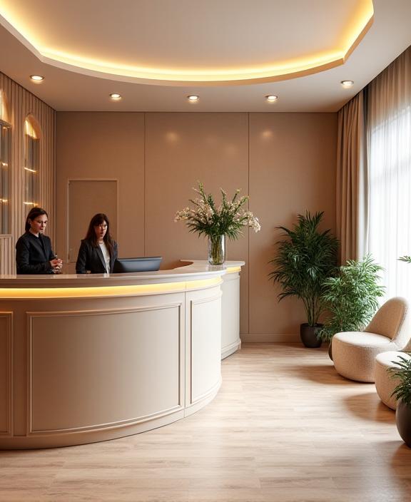 Ambiente acogedor y elegante del área de recepción de Belleza Essencial