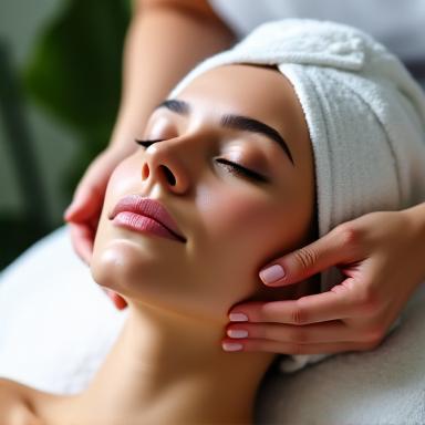 Mujer recibiendo un relajante tratamiento facial con productos naturales