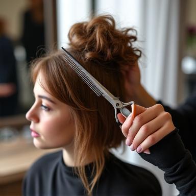 Estilista profesional cortando el cabello de una clienta en el salón
